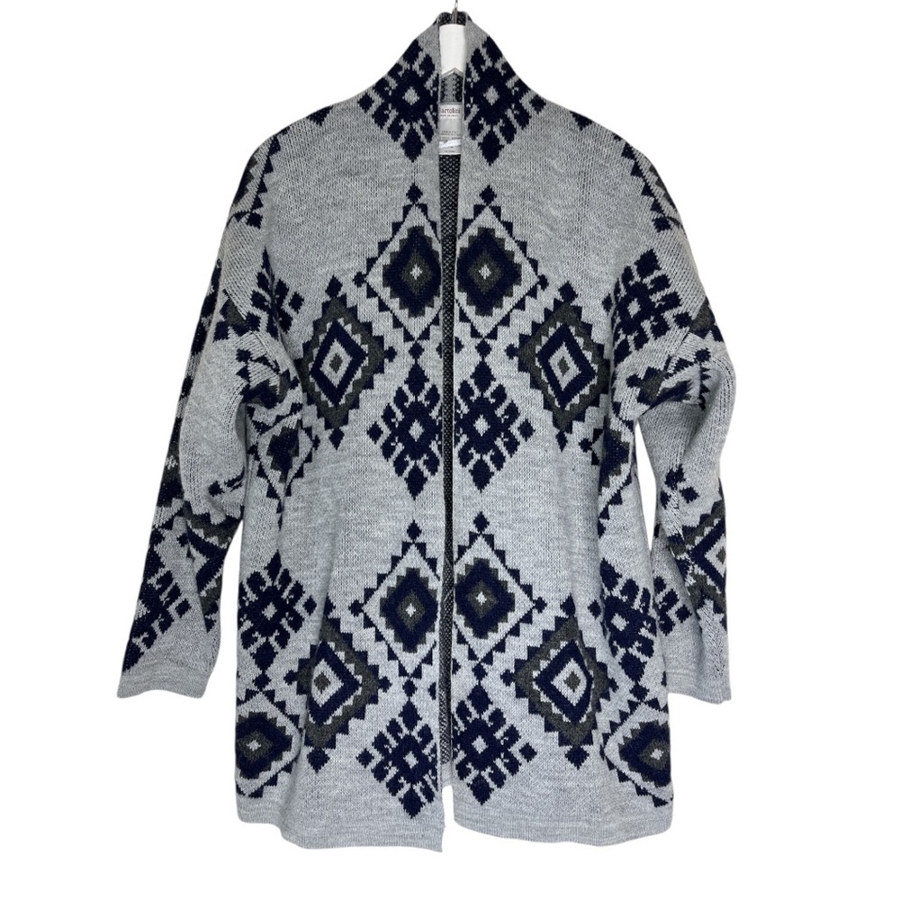 BARTOLINI MADE IN ITALY Open Front Aztec Print Patterned Cardigan Sweater Grey L